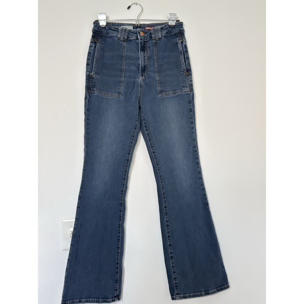 Anthropologie Pilcro The Icon Flare Jeans Women's Size 30 Blue Patch Pockets Y2K